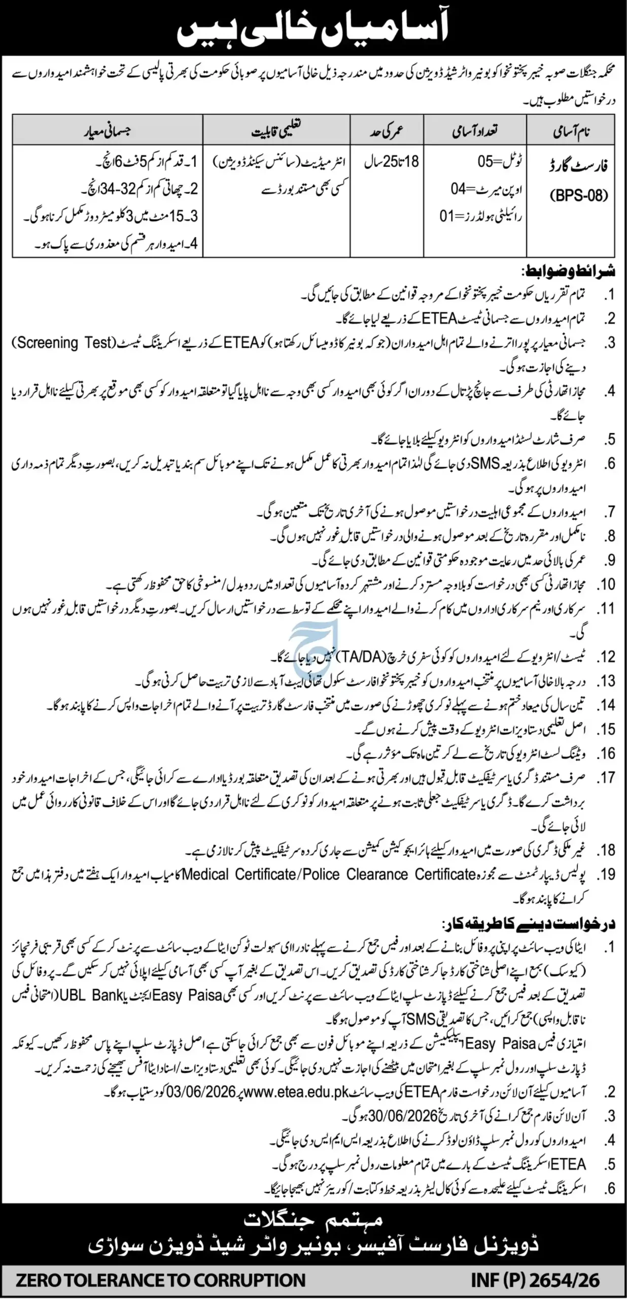 Official KPK Forest Department Buner Watershed Division Swari Forest Guard Newspaper Job Advertisement 2026