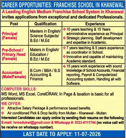 Private School Jobs July 2026 Franchise School System Khanewal For Bachelor, Master, BS, MS Pass Newspaper Notice Clipping