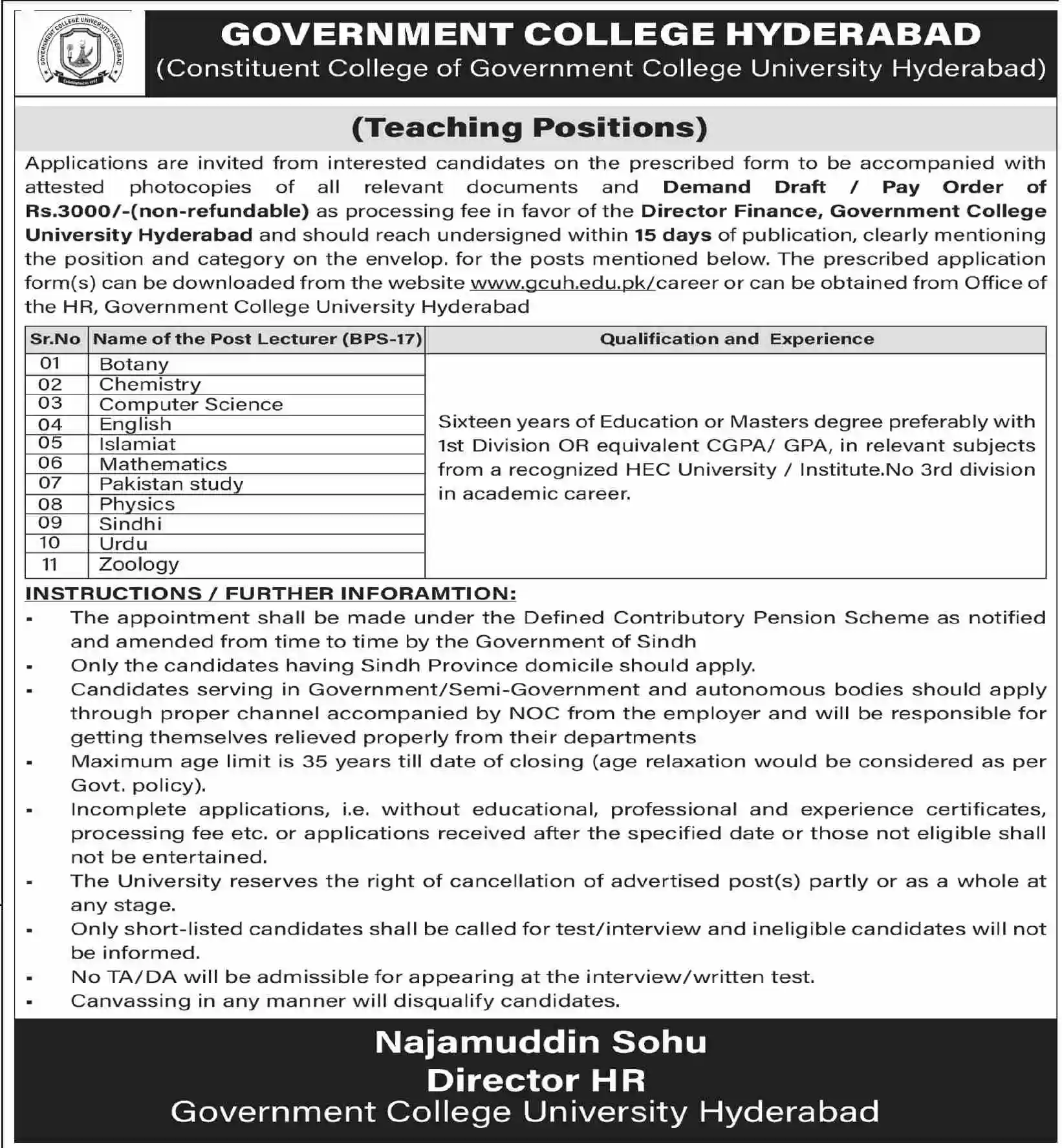 Official Government College University GCU Hyderabad June 2026 BPS-17 Lecturer Job Advertisement