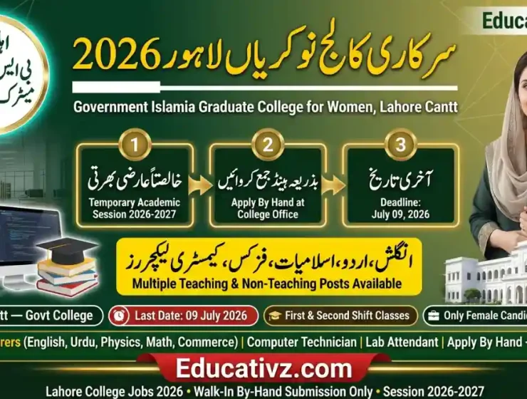 Government Islamia Graduate College for Women Lahore Cantt Temporary Recruitment 2026 Official Career Advertisement Notice Banner Educativz
