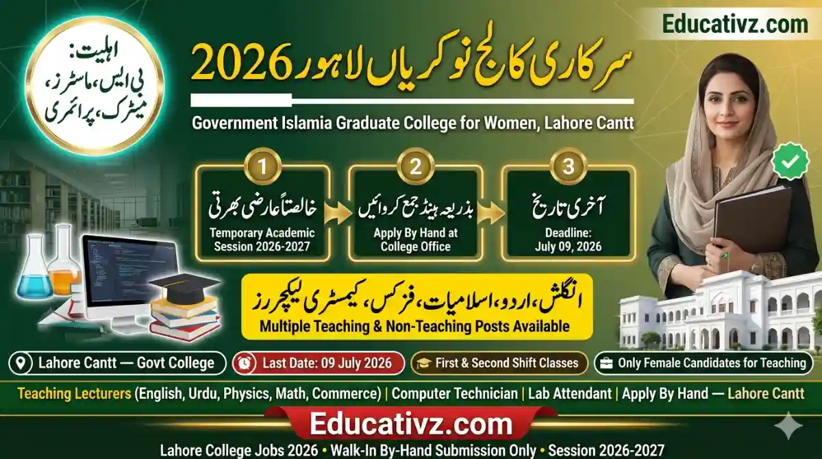Government Islamia Graduate College for Women Lahore Cantt Temporary Recruitment 2026 Official Career Advertisement Notice Banner Educativz