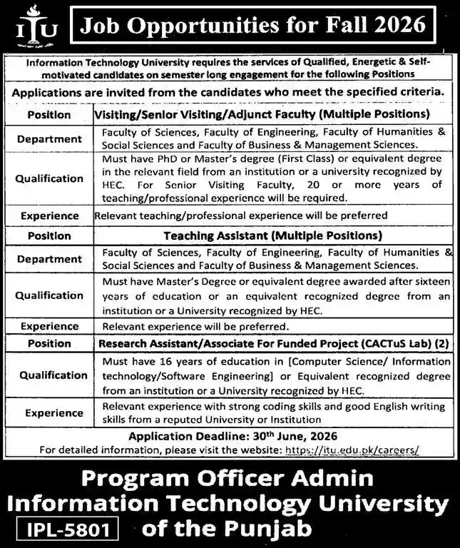 Official Information Technology University ITU Lahore June 2026 Academic Job Advertisement