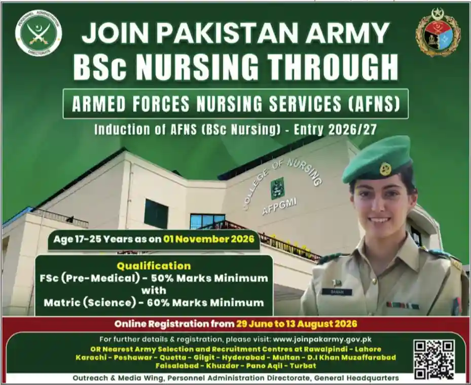 Join Pakistan Army BSc Nursing Through AFNS Entry 2026 2027 Official Advertisement Notice