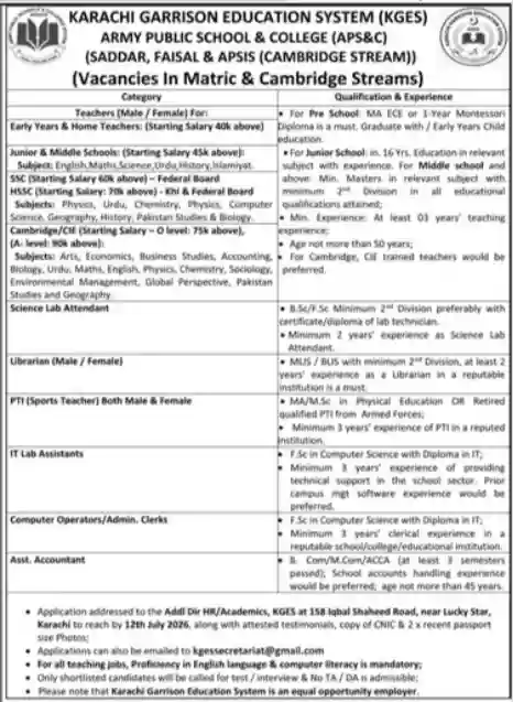 Karachi Garrison Education System KGES Teaching Jobs July 2026 Newspaper Clipping Advertisement Notice Daily Jang Karachi Page 37 URL Asset