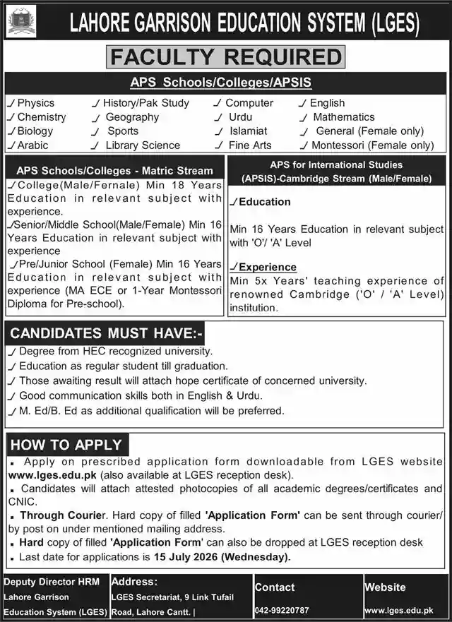 Lahore Garrison Education System LGES June July 2026 Faculty Recruitment Announcement Scan