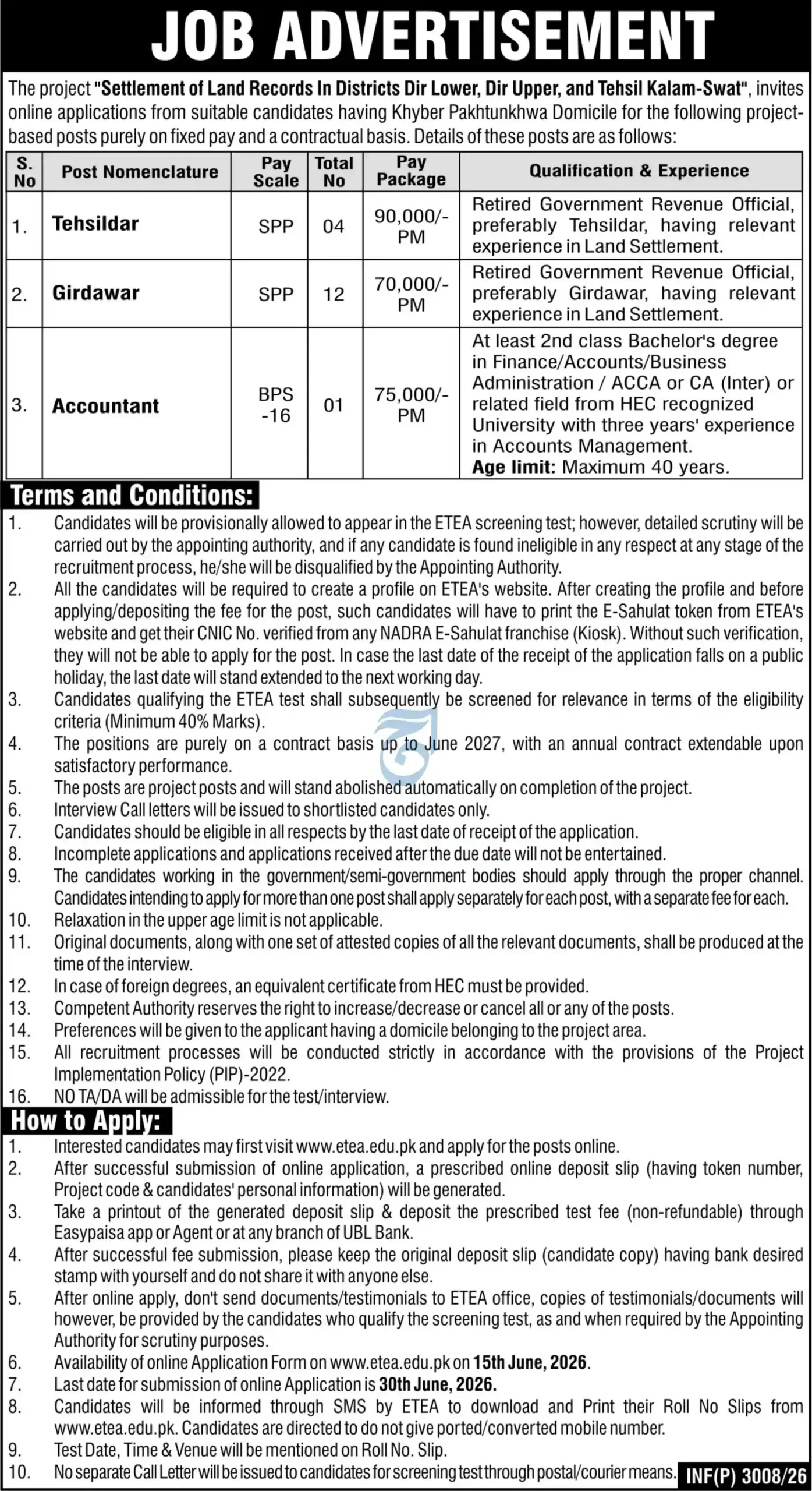 Land Records Swat Jobs 2026 Official Newspaper Advertisement Page