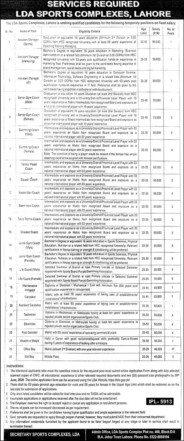 Official Lahore Development Authority LDA Sports Complexes June 2026 Recruitment Advertisement