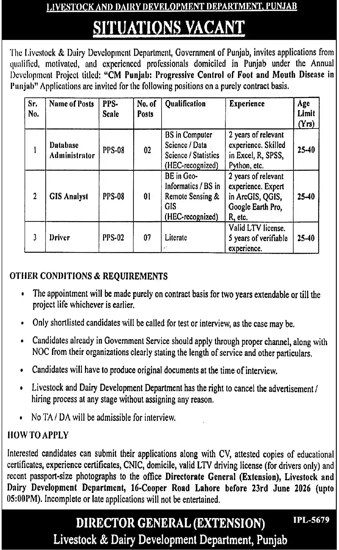 Official Livestock and Dairy Development Department Punjab Lahore June 2026 Project Advertisement