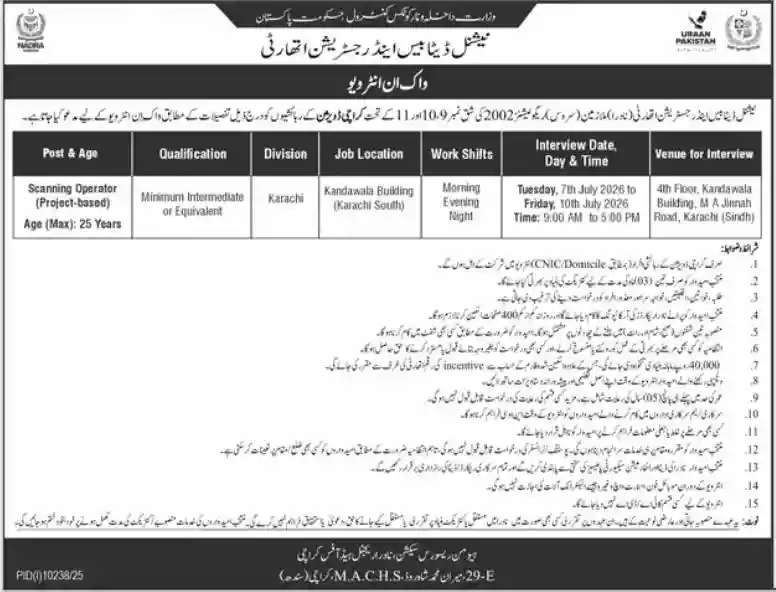NADRA Karachi Jobs 2026 Walk-in Interview Scanning Operator Newspaper Ad