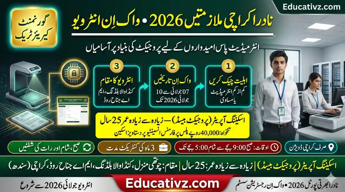 National Database and Registration Authority NADRA Karachi Jobs 2026 Walk-in Interview Banner Educativz