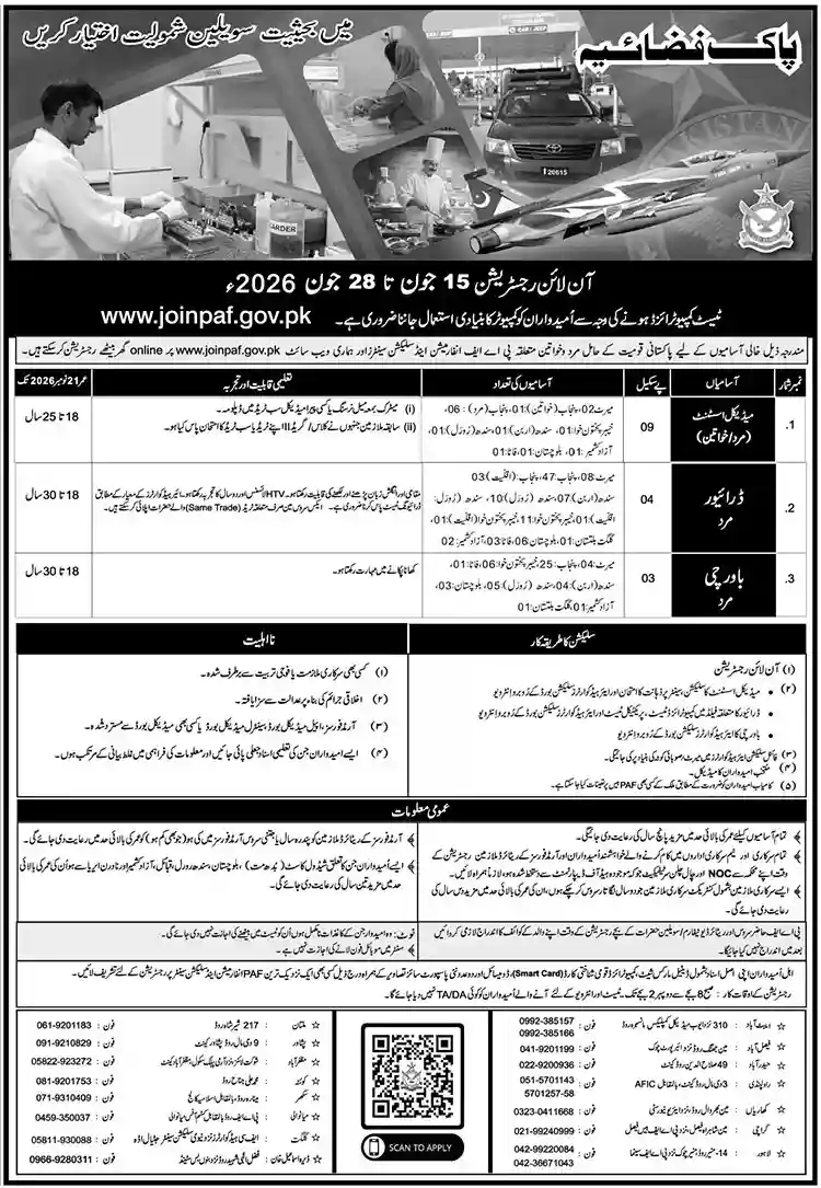 Pakistan Air Force PAF Civilian June 2026 Recruitment Online Registration Official Newspaper Advertisement Layout
