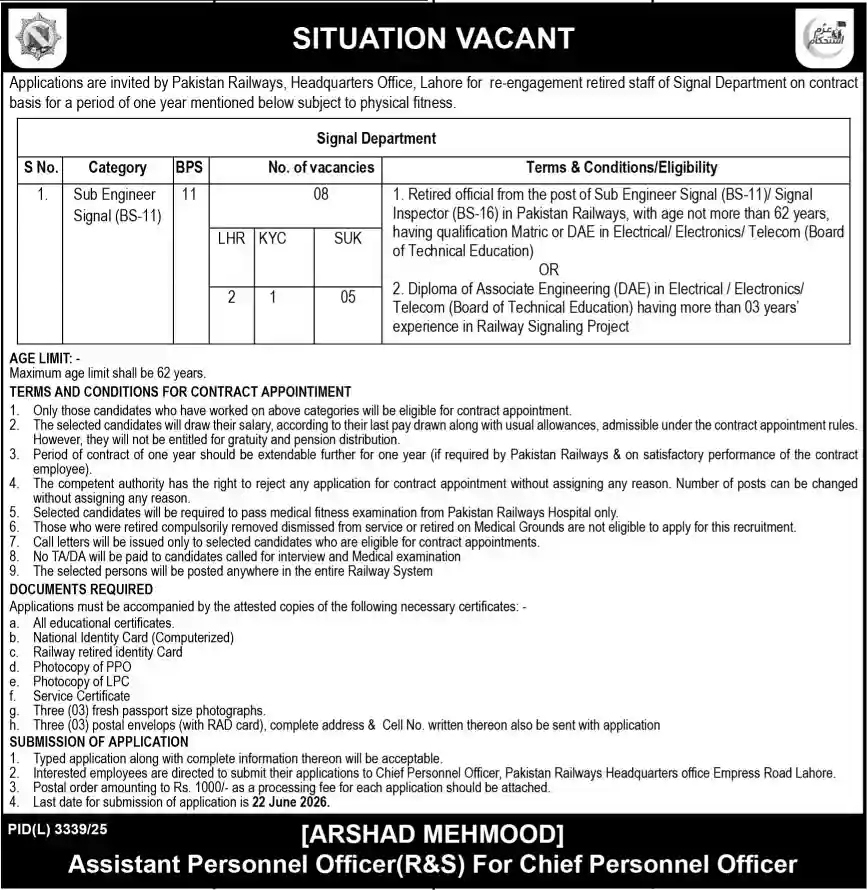 Official Pakistan Railways Sub Engineer Signal BS-11 Newspaper Job Advertisement 2026