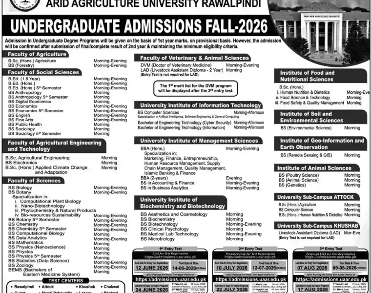 PMAS Arid Agriculture University Rawalpindi Undergraduate Admissions Fall 2026 Advertisement covering DVM, BS Computer Science, BBA, B.Sc. Agricultural Engineering, and BS Sciences programs.