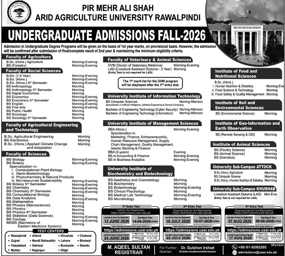 Pir Mehr Ali Shah Arid Agriculture University Rawalpindi Admission Notice 2026