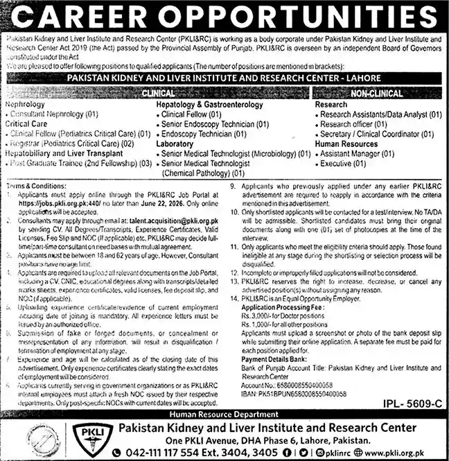 Official Pakistan Kidney and Liver Institute PKLI Lahore Hospital Career Openings Newspaper Job Advertisement