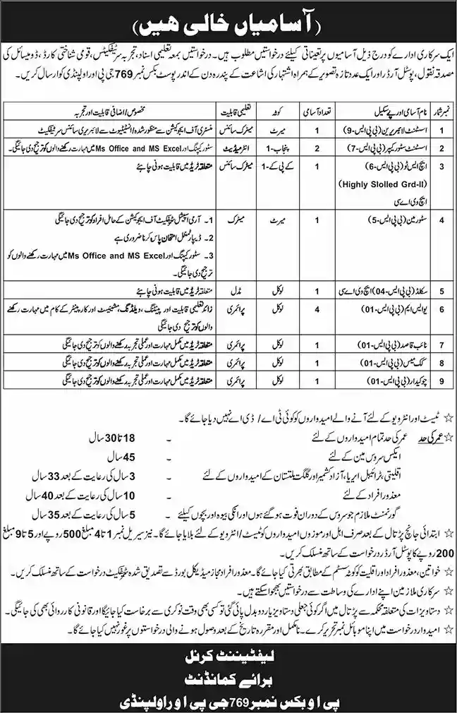 Govt Jobs in Rawalpindi 2026 PO Box 769 GPO For Matric, Inter, Middle, Primary Pass Newspaper Notice Clipping