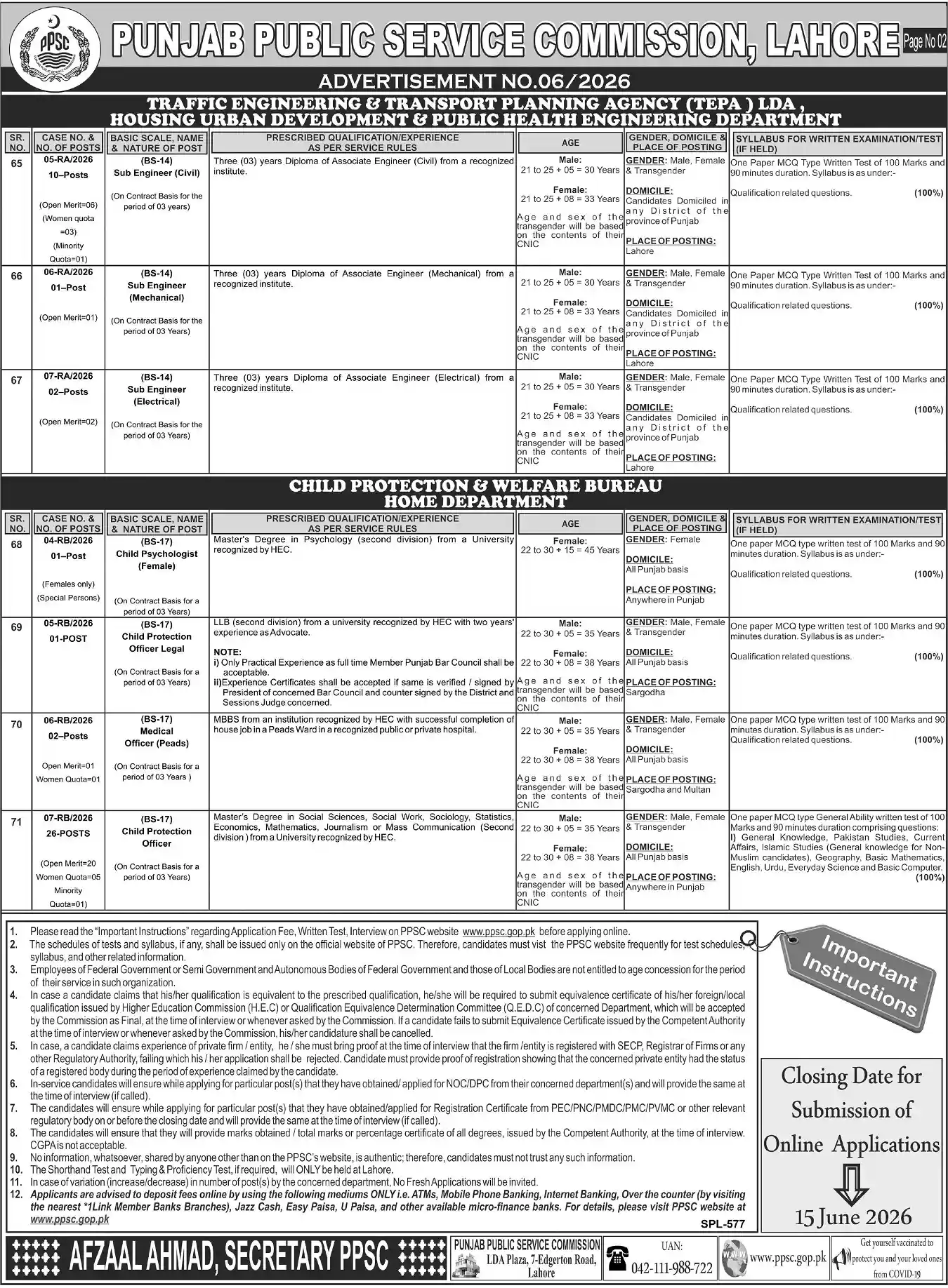Official PPSC Lahore Advertisement No 06 2026 Page 2 Closing Date 15 June 2026
