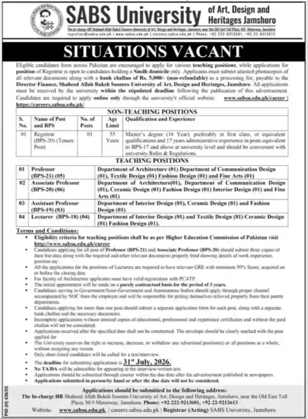 SABS University Jamshoro Jobs 2026 Official Newspaper Advertisement Page