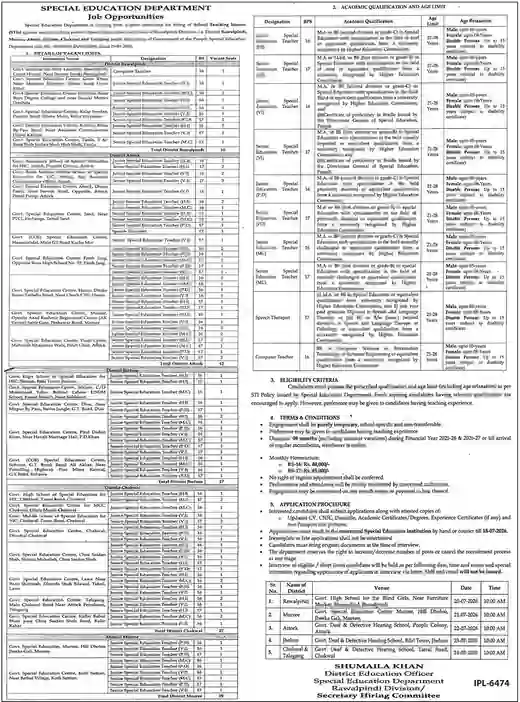 Special Education Department Rawalpindi Jobs 2026 July Advertisement Newspaper Notice
