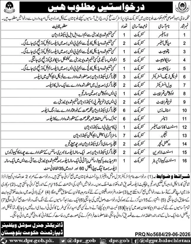 Social Welfare & Special Department Quetta Jobs July 2026 For Management Vacancies Newspaper Notice Clipping