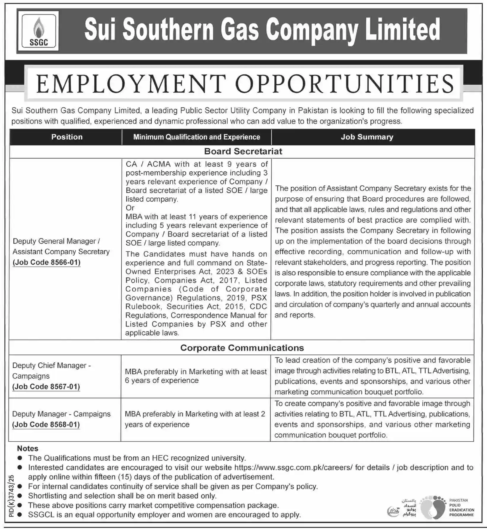 Official Sui Southern Gas Company Limited SSGC Karachi Executive Management June 2026 Advertisement