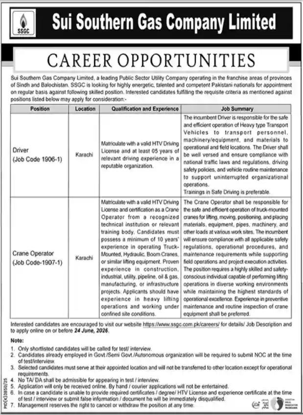 Sui Southern Gas Company Limited SSGC Karachi Jobs June 2026 Official Newspaper Advertisement Page