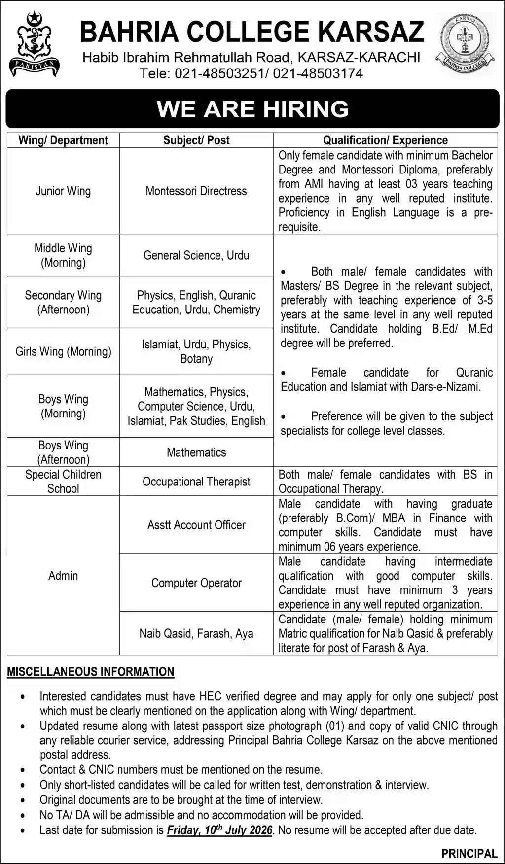 Bahria College Karsaz Teaching Jobs 2026 Apply Courier Application Newspaper Notice Clipping