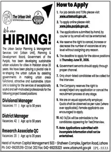 Official The Urban Unit Punjab June 2026 Divisional District Manager Newspaper Job Advertisement