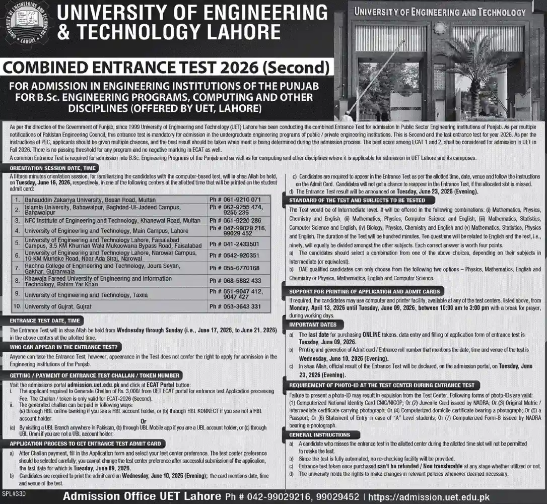 University of Engineering and Technology UET Lahore Admission Notice 2026