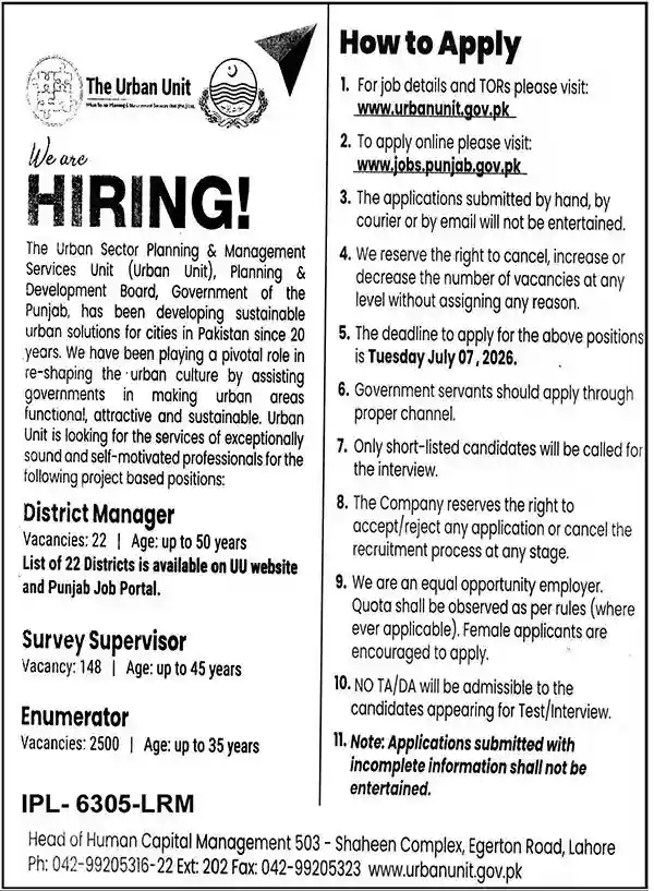 Urban Unit Jobs 2026 June Advertisement Newspaper Announcement Notice Page