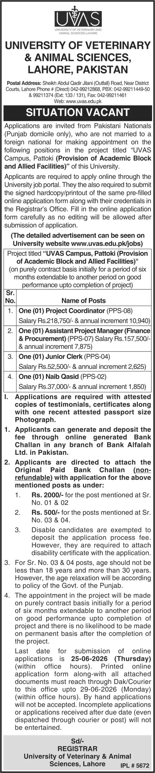 Official UVAS Lahore Pattoki Campus Project Vacancies Newspaper Job Advertisement