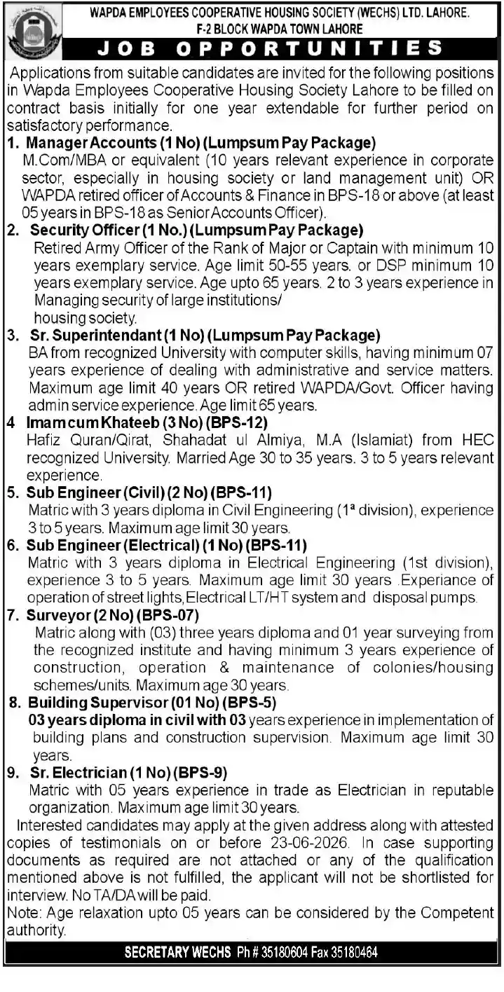 Official Wapda Employees Cooperative Housing Society WECHS Ltd Lahore June 2026 Job Advertisement