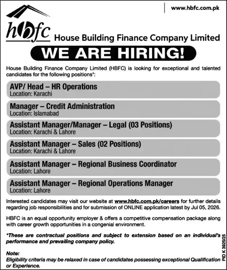 HBFC Careers Jobs 2026 House Building Finance Company Limited Official Newspaper Ad