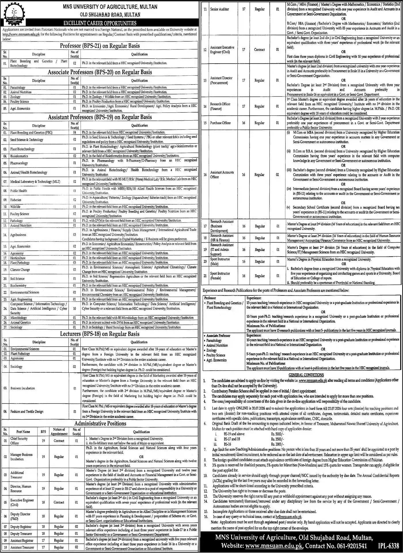 MNS University of Agriculture Multan Jobs 2026 Online Application Form Ad