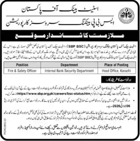 Www Sbp Org Pk Careers Jobs 2026 In State Bank Of Pakistan SBP Karachi For Fire & Safety Officer Official Advertisement Sheet