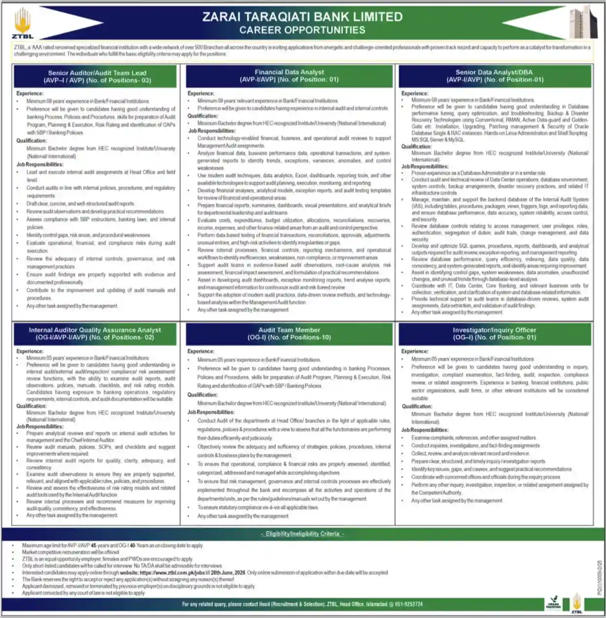 Zarai Taraqiati Bank Limited ZTBL Jobs 2026 Official Newspaper Advertisement Page Scan