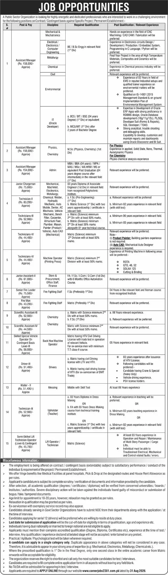 Public Sector Organization Jobs Aug 2026 | Assistant Manager - Official Advertisement