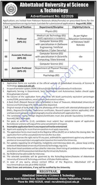 Abbottabad University of Science and Technology Jobs July 2026 | Professor, Associate Professor, Assistant Professor - Official Advertisement