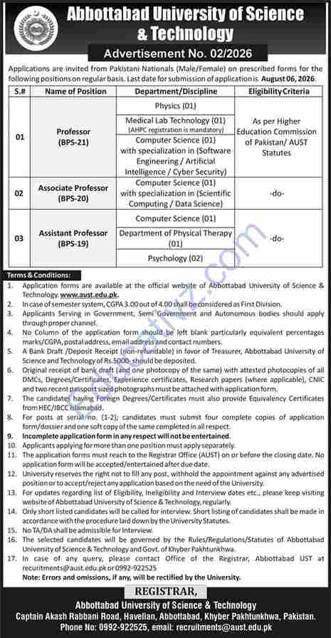Abbottabad University of Science and Technology Jobs  | Professor, Associate Professor, Assistant Professor - Official Advertisement