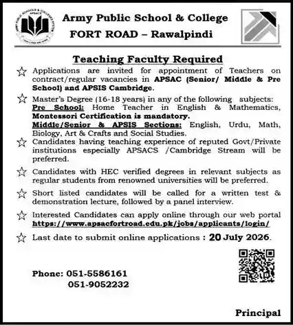 Army Public School and College APSAC Fort Road Rawalpindi Jobs 2026 Official Advertisement