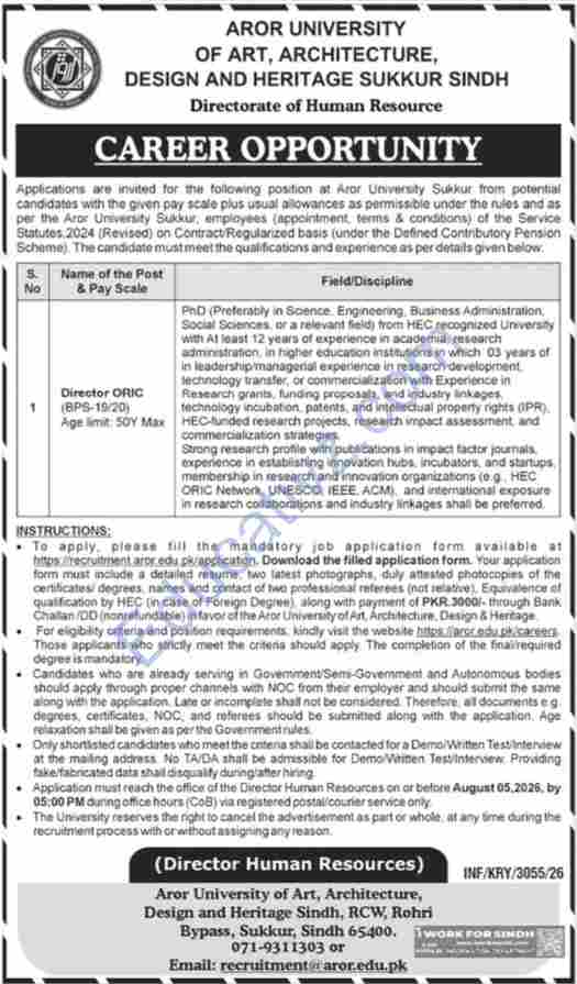 Aror University of Art Architecture Design & Heritage Jobs | Education Jobs - Official Advertisement
