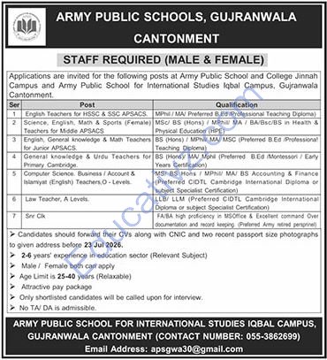 Army Public School for International Studies Jobs | Math Teacher, Computer Science Teacher, Science Teacher & Others - Official Advertisement
