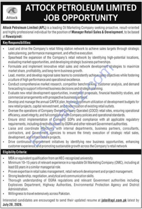 Attock Petroleum Limited APL Jobs | Manager Retail Sales Development - Official Advertisement