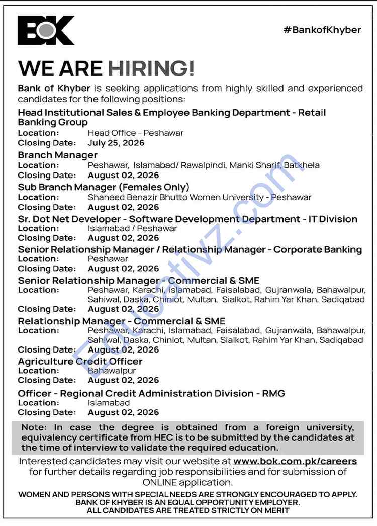 The Bank of Khyber BOK Jobs | Agriculture Credit Officer, Officer Regional Credit Administration, Dot Net Developer & Others - Official Advertisement