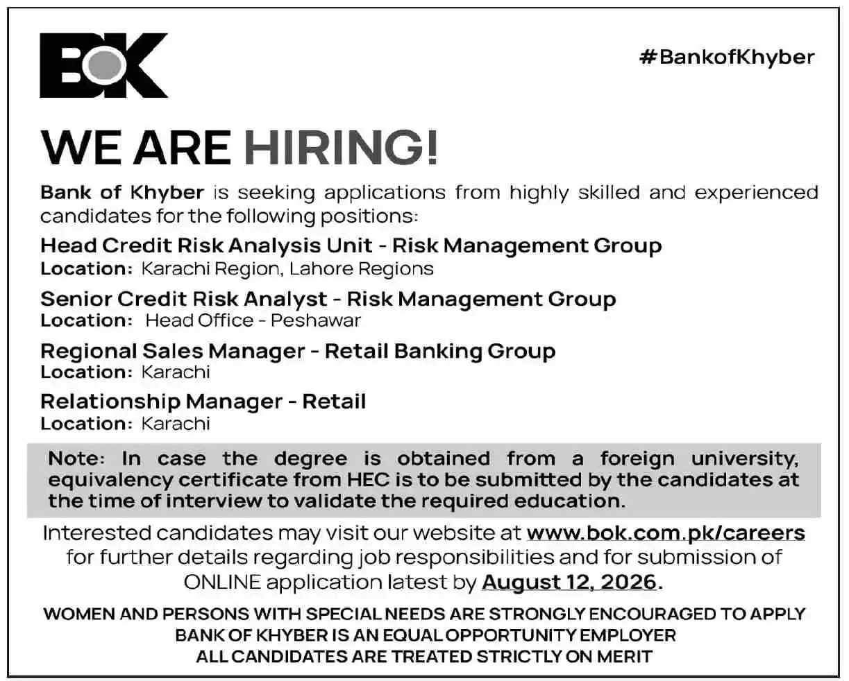 Bank of Khyber Jobs August 2026 Advertisement — BOK Dawn 29 July 2026