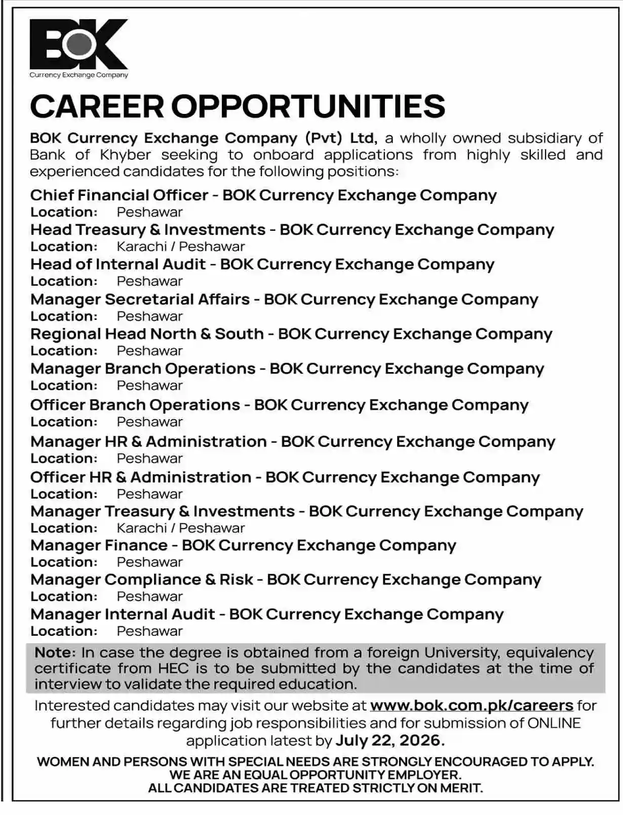 Bank of Khyber Karachi Jobs 2026 Official Advertisement Bank of Khyber Karachi Jobs 2026 Official Advertisement BOK Currency Exchange Company