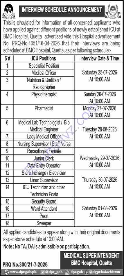 Bolan Medical Complex Hospital Jobs | Medical Officer, Nutritionist, Dietition & Others - Official Advertisement