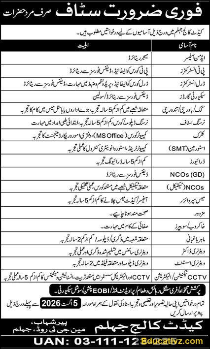 Cadet College Jhelum Jobs July 2026 | PT Instructor & Others - Official Advertisement