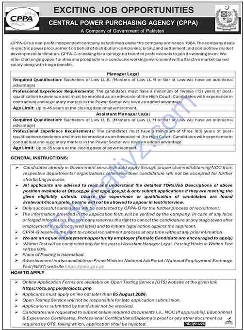 Central Power Purchasing Agency CPPA Jobs July 2026 | Manager Legal, Assistant Manager Legal - Official Advertisement