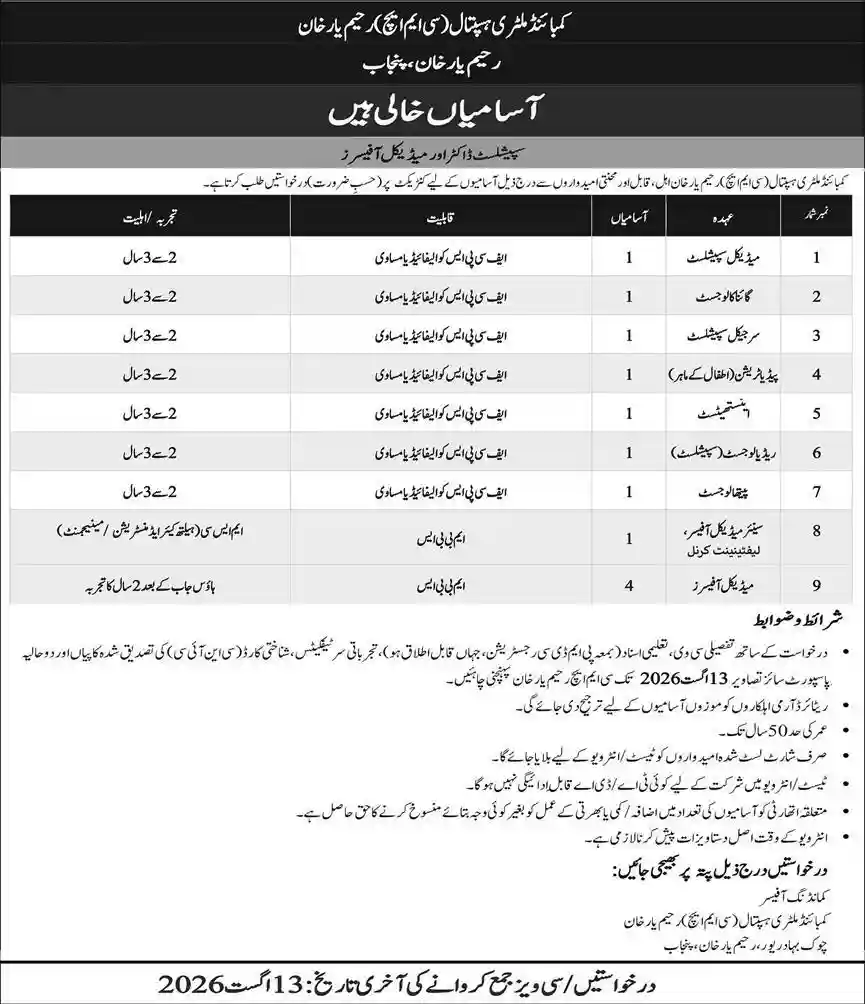 CMH Rahim Yar Khan Jobs August 2026 — Medical Specialists and Medical Officers Advertisement Daily Express 28 July 2026